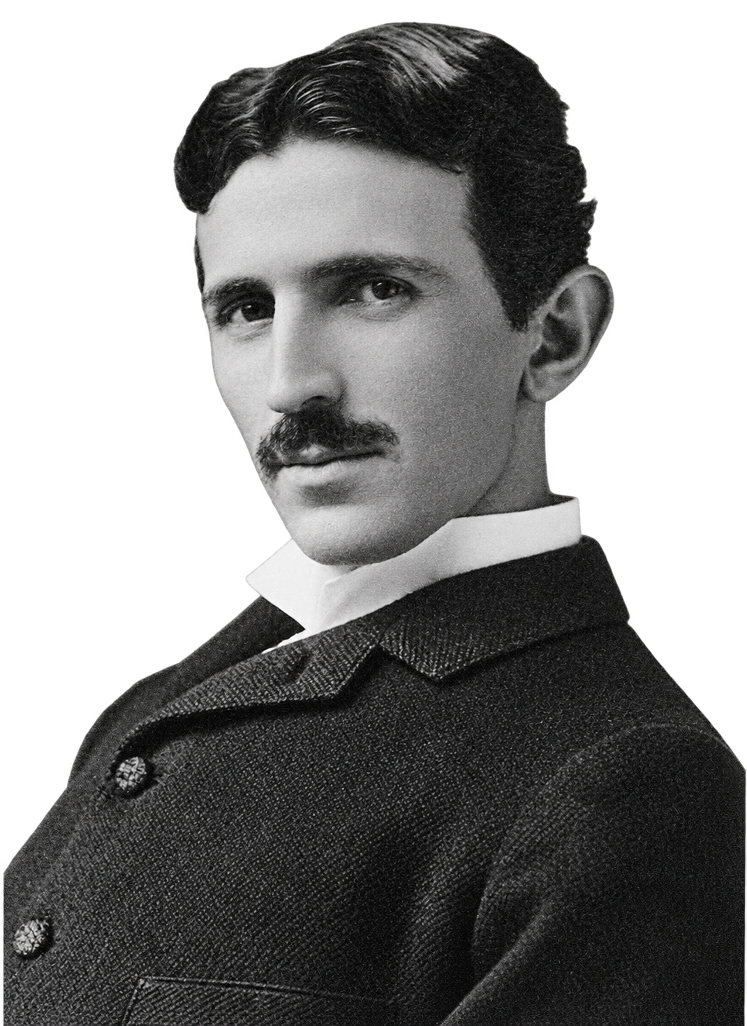 Historic black-and-white half-length portrait of Nikola Tesla, photographed by Napoleon Sarony