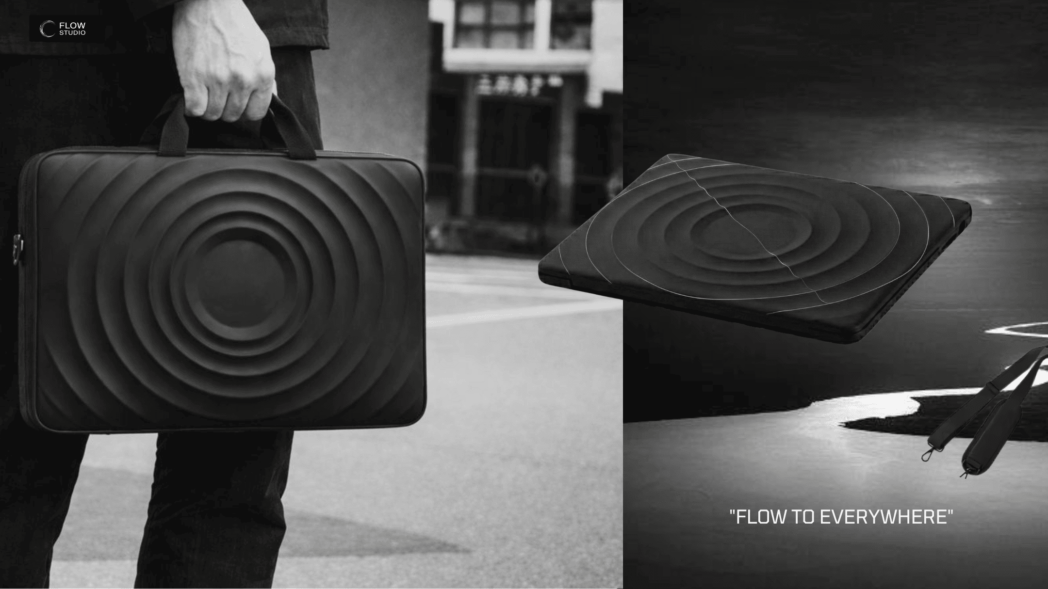 A hand holding a Flow Studio bag with concentric flowing contours